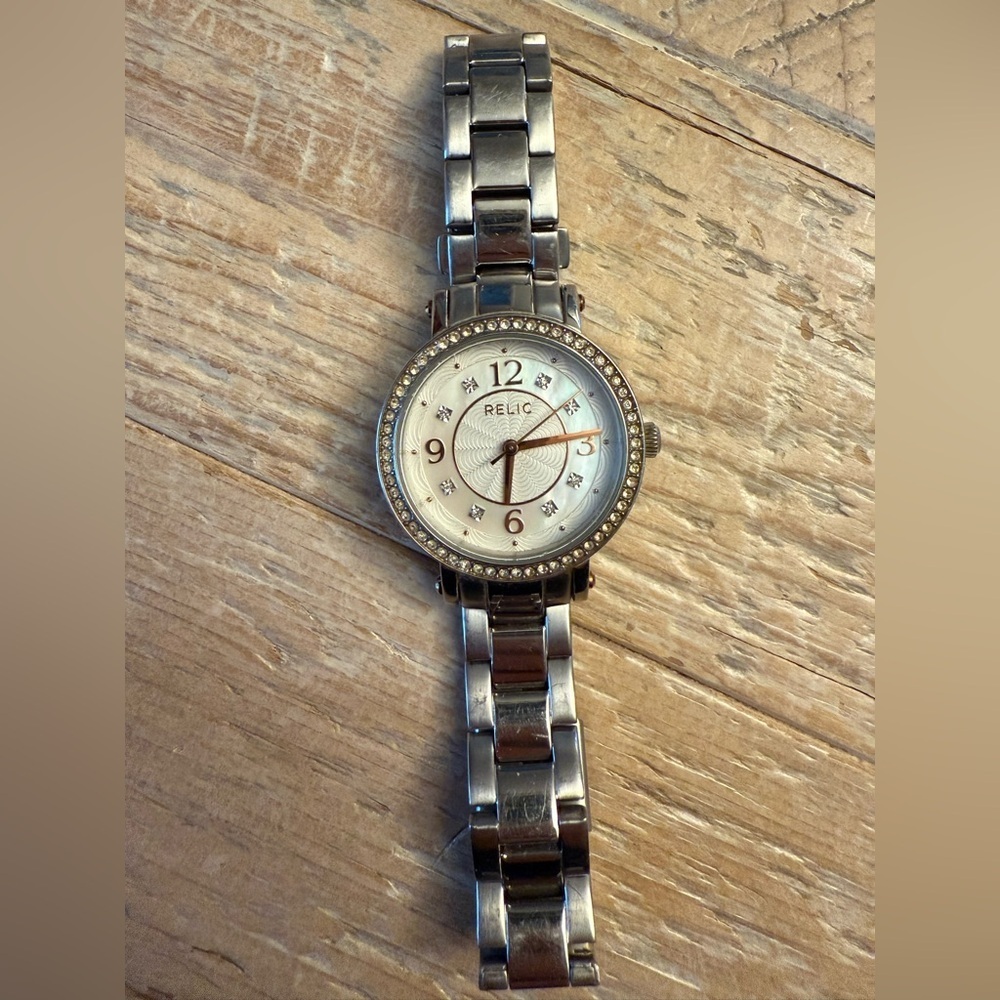 Relic Silver-Tone and Rose Gold Hands Crystal Accent Women's Bracelet Watch